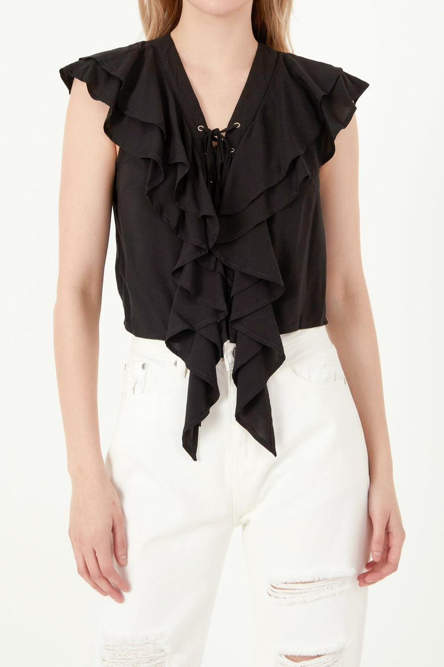 FREE THE ROSES - Lace Up Ruffle Crop Top - TOPS available at Objectrare