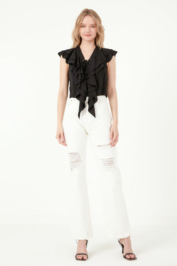 FREE THE ROSES - Lace Up Ruffle Crop Top - TOPS available at Objectrare