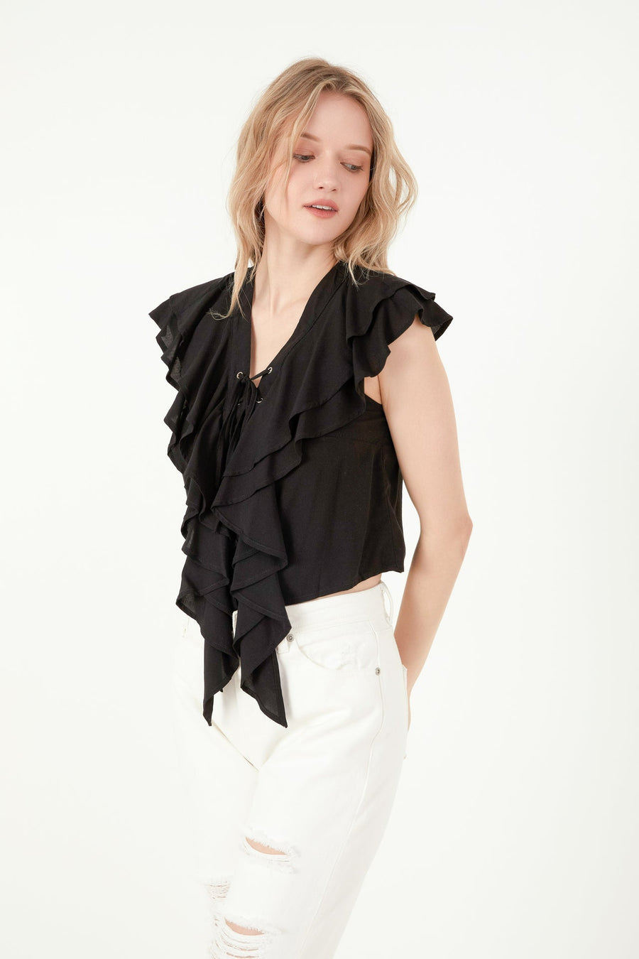 FREE THE ROSES - Lace Up Ruffle Crop Top - TOPS available at Objectrare