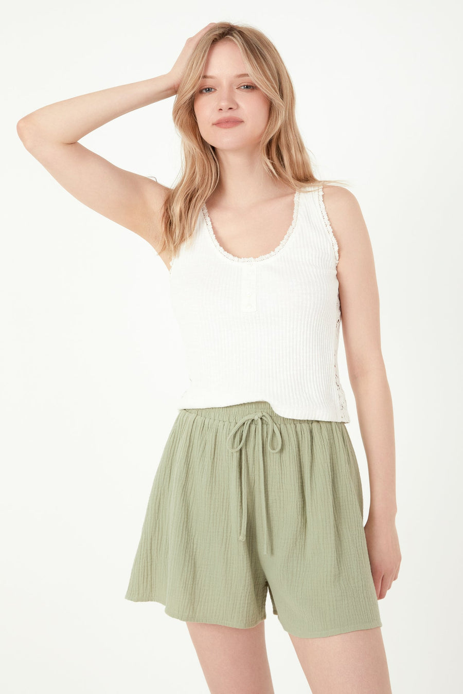 FREE THE ROSES - Henley Lace Trim Neck Top - CAMI TOPS & TANK available at Objectrare