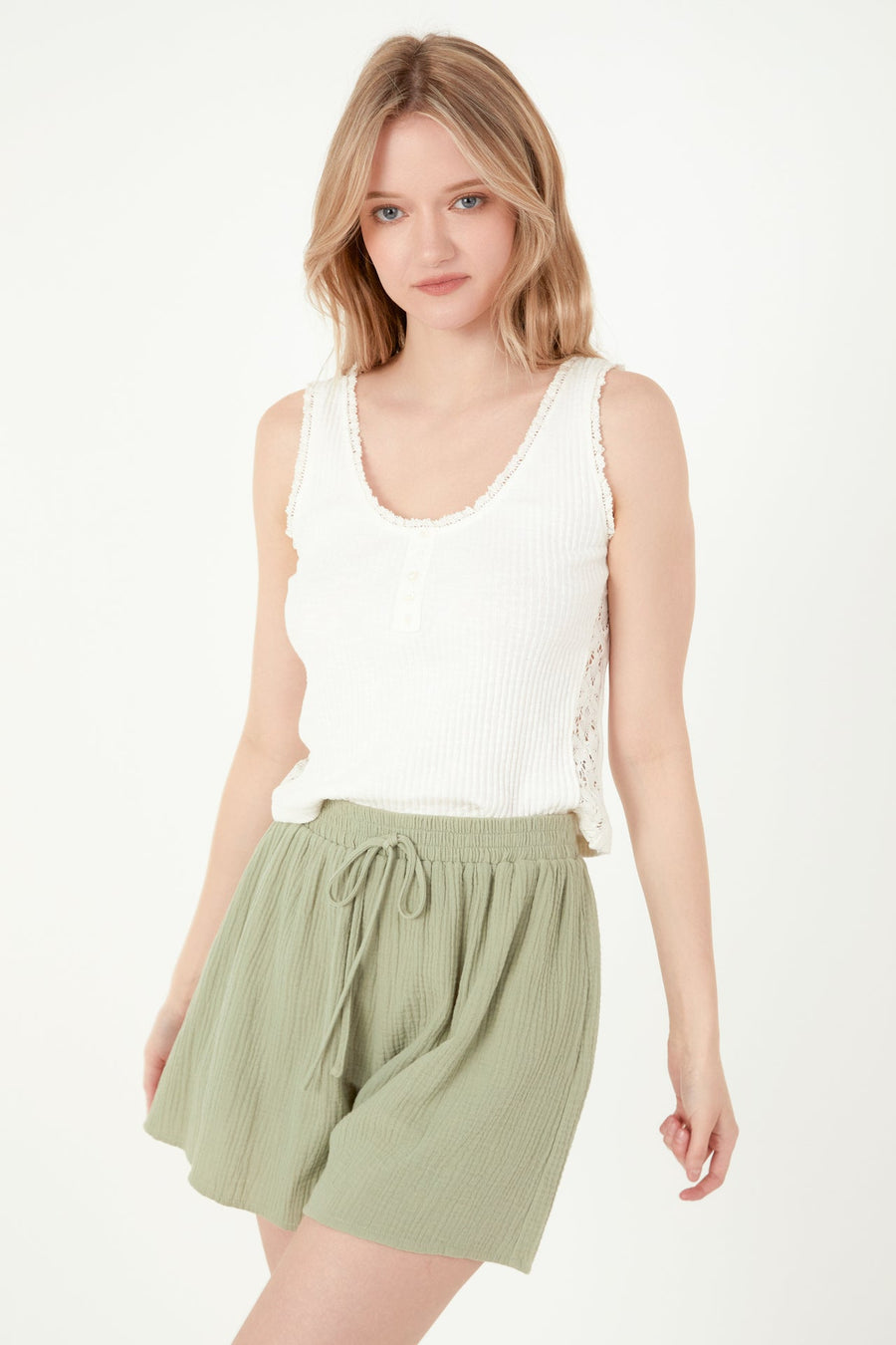 FREE THE ROSES - Henley Lace Trim Neck Top - CAMI TOPS & TANK available at Objectrare