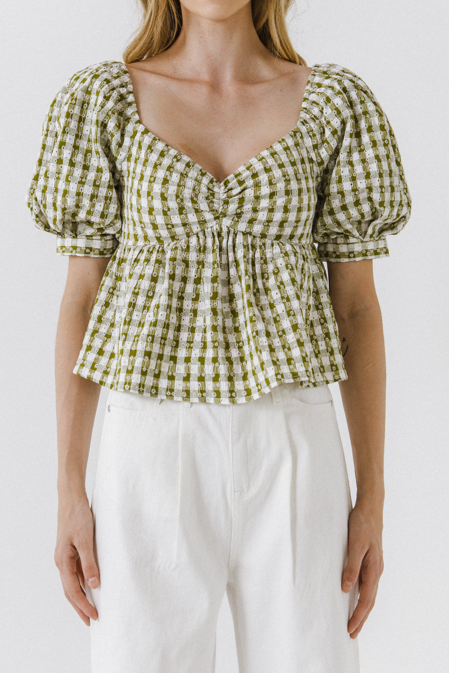Gingham Check Top with Emboridery