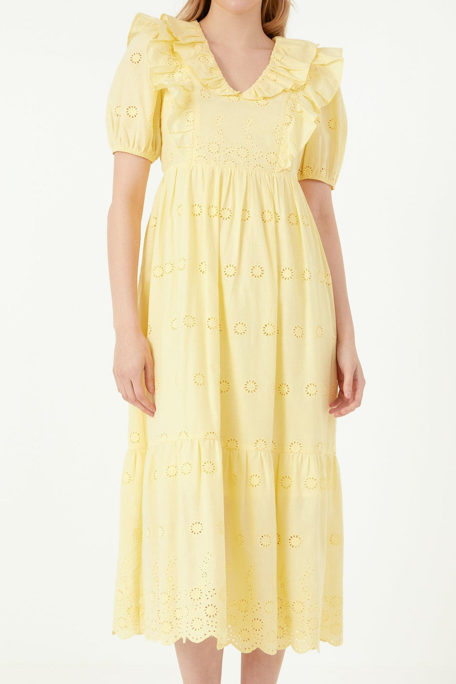 Free The Roses - Eyelet Embroidered Midi Dress YELLOW / L Free The Roses - Eyelet Embroidered Midi Dress YELLOW / L