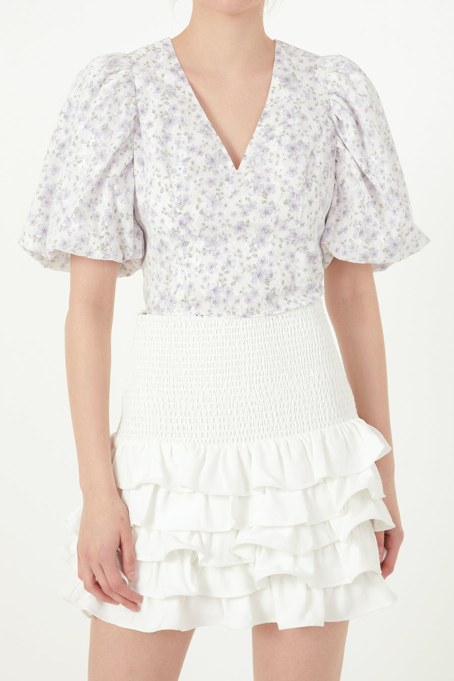 Floral Balloon Sleeve Top with Lace Texture