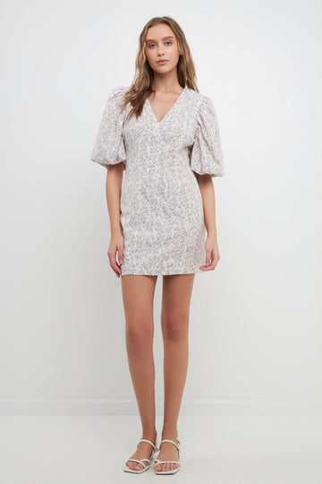 FREE THE ROSES - Floral Balloon Sleeve Dress with Lace Texture - DRESSES available at Objectrare
