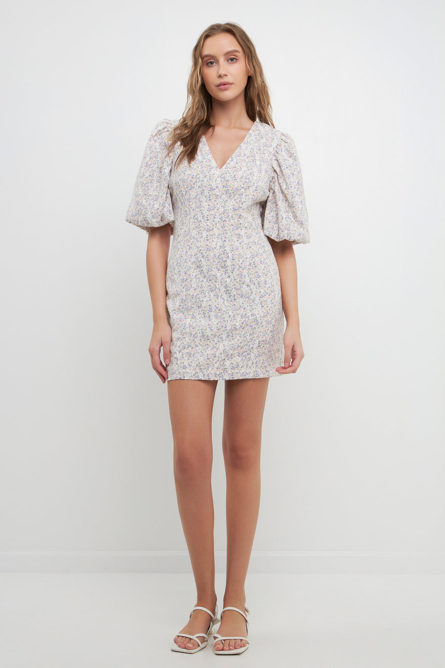Flroal Balloon Sleeve Dress with Lace Texture