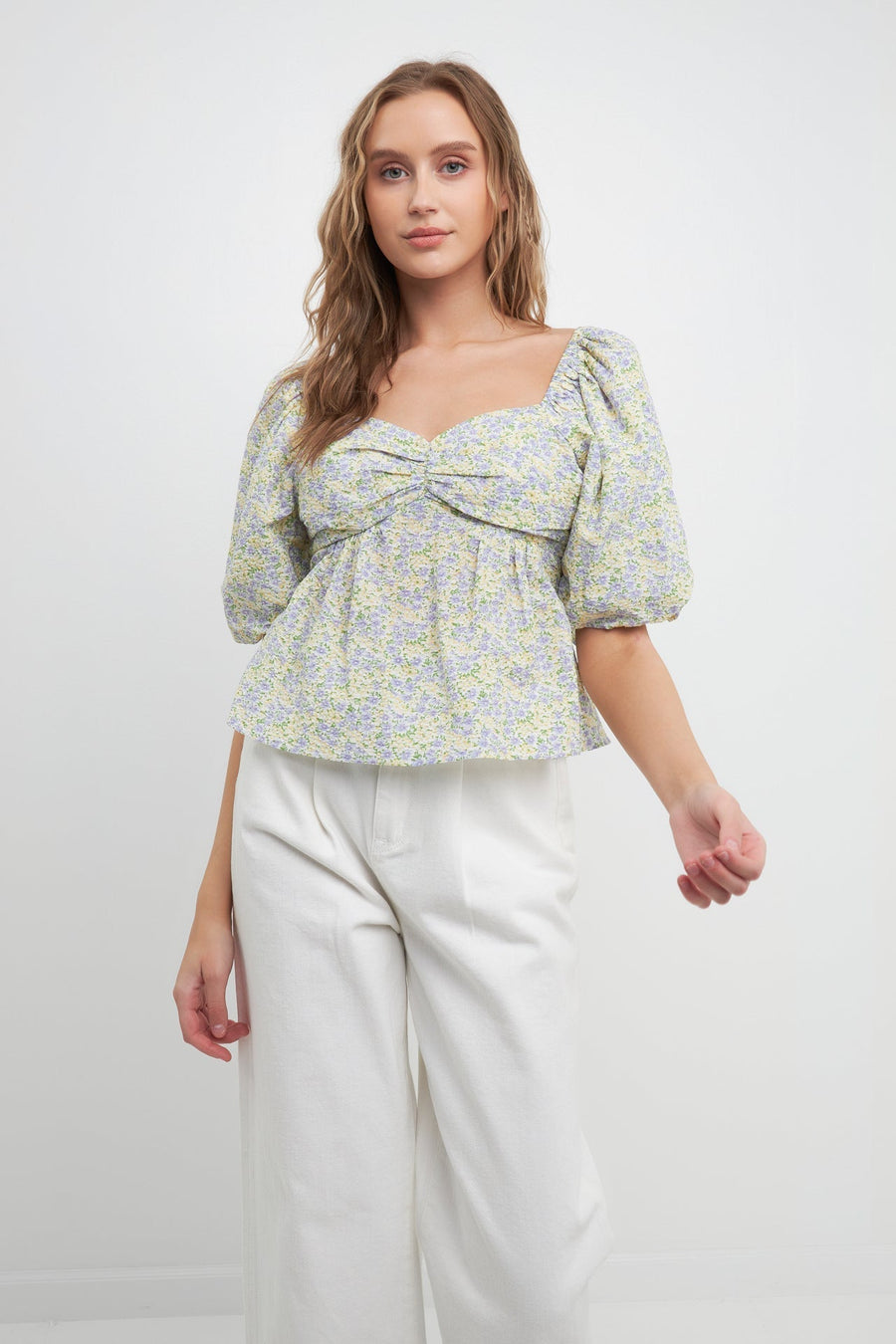 FREE THE ROSES - Short Puff Sleeves Floral Tie Back Top - TOPS available at Objectrare