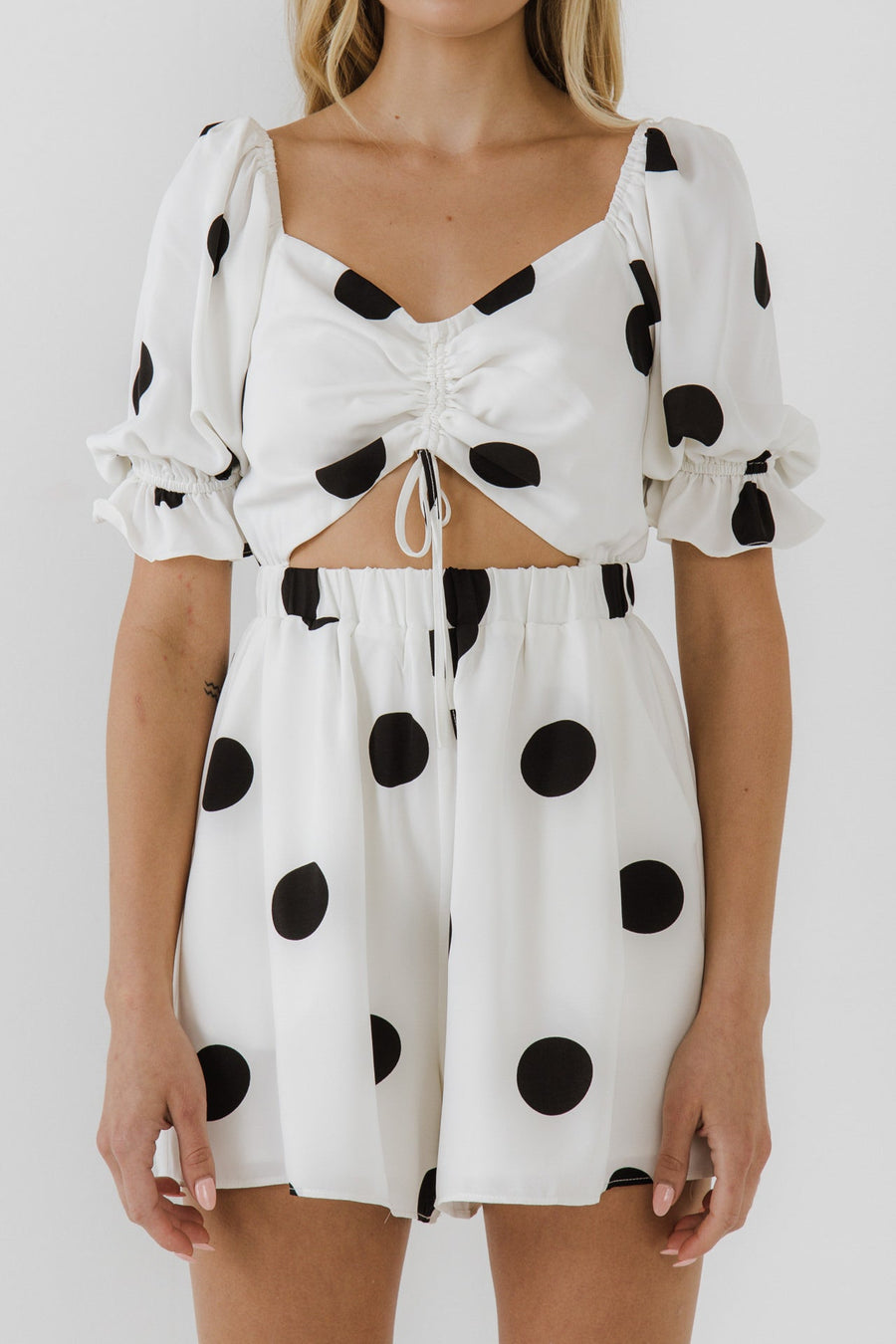 FREE THE ROSES - Ruched Front Romper with Puff Sleeves - ROMPERS available at Objectrare