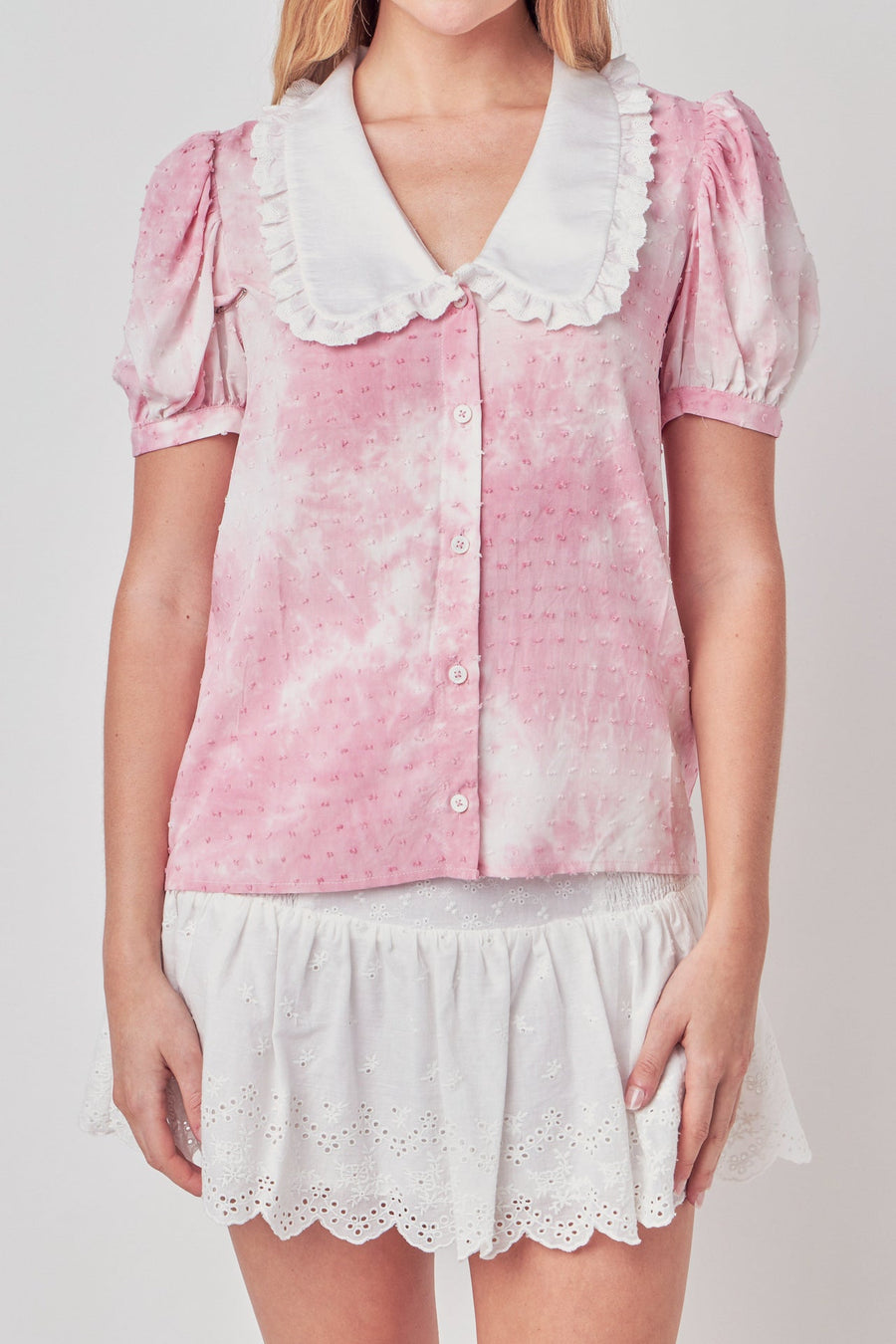 FREE THE ROSES-Swiss Dot Tie Dye Ruffle Collared Puff Sleeve Blouse-SHIRTS & BLOUSES available at Objectrare