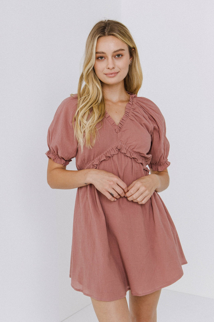 FREE THE ROSES-Ruffle V-Neck Babydoll Dress-DRESSES available at Objectrare