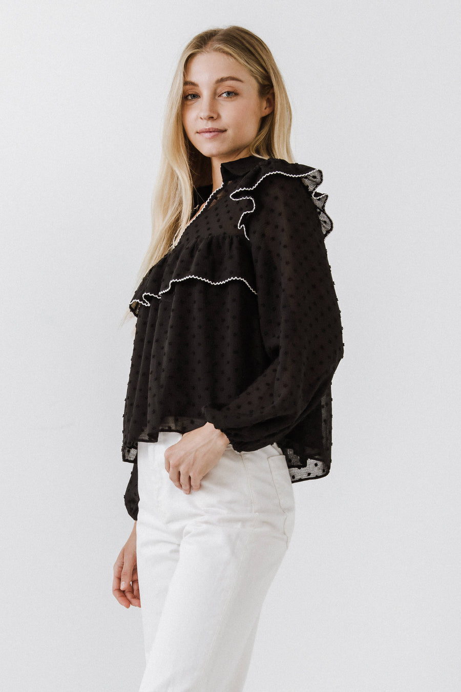 FREE THE ROSES-Swiss Dot Blouse with Ruffle Detail-SHIRTS & BLOUSES available at Objectrare