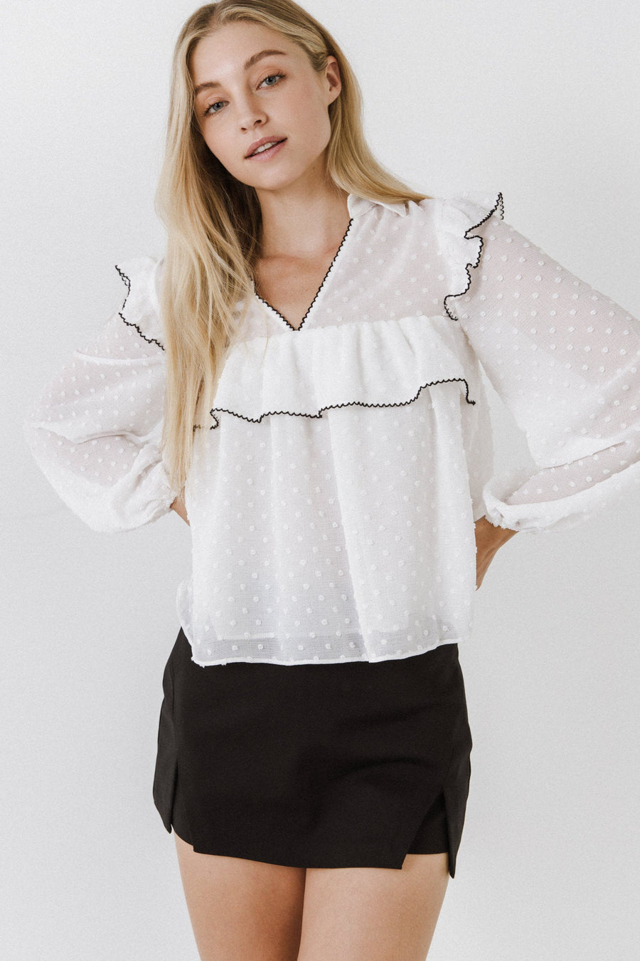 FREE THE ROSES-Swiss Dot Blouse with Ruffle Detail-SHIRTS & BLOUSES available at Objectrare