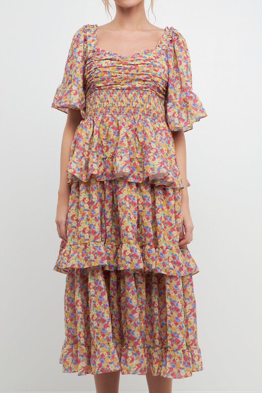 FREE THE ROSES-Floral Smocked Ruffle Tiered Maxi Dress-DRESSES available at Objectrare