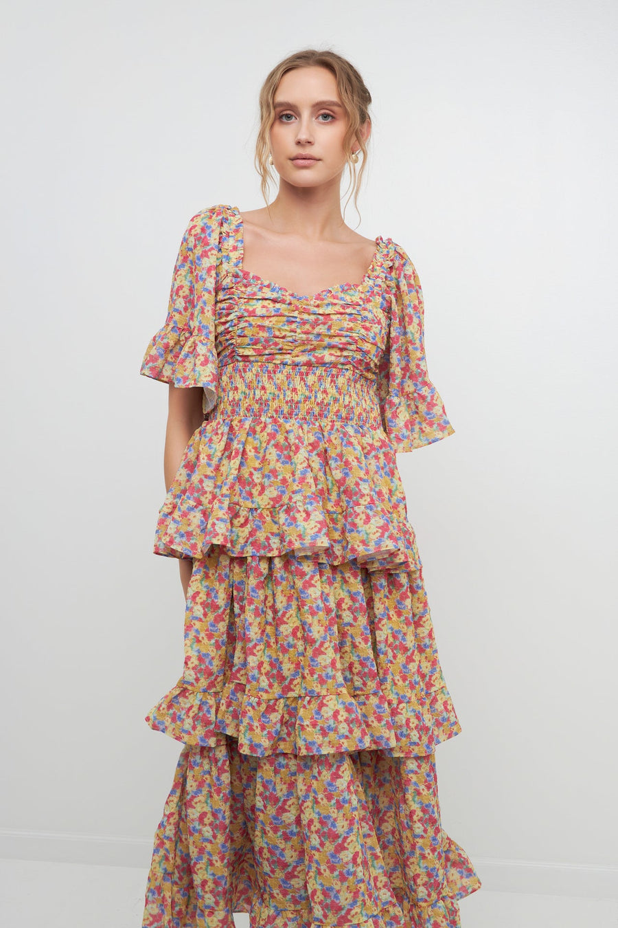 FREE THE ROSES-Floral Smocked Ruffle Tiered Maxi Dress-DRESSES available at Objectrare