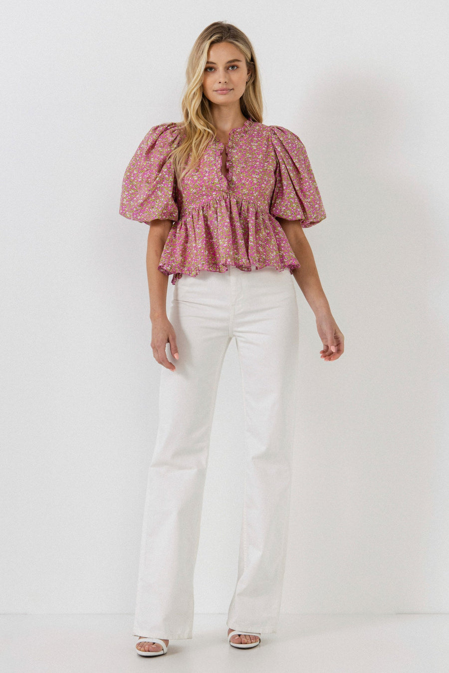 FREE THE ROSES-Puff Sleeve Ruffled V Blouse-TOPS available at Objectrare