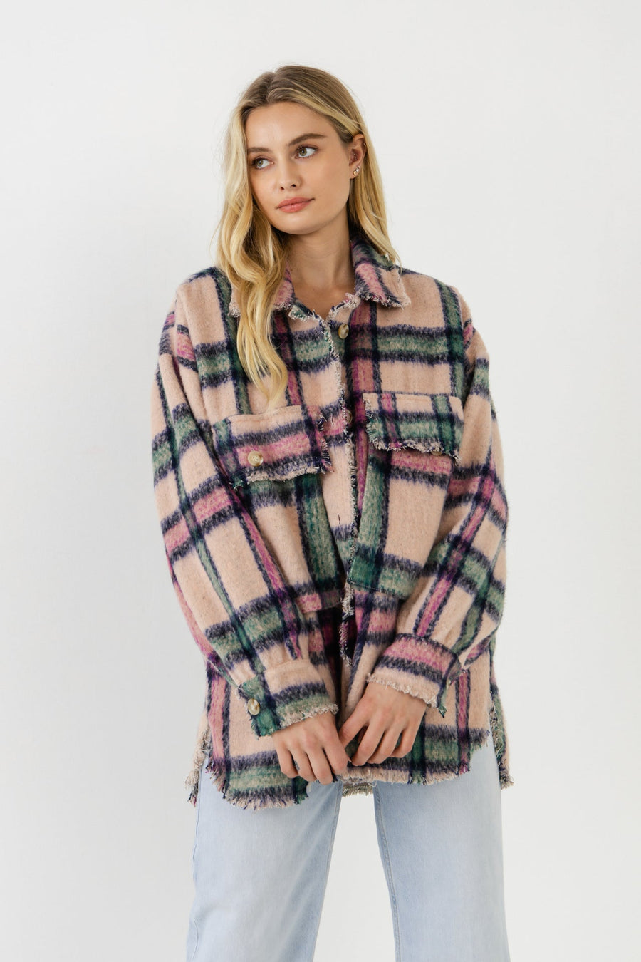 FREE THE ROSES-Oversized Plaid Coat with Raw Edges-JACKETS available at Objectrare