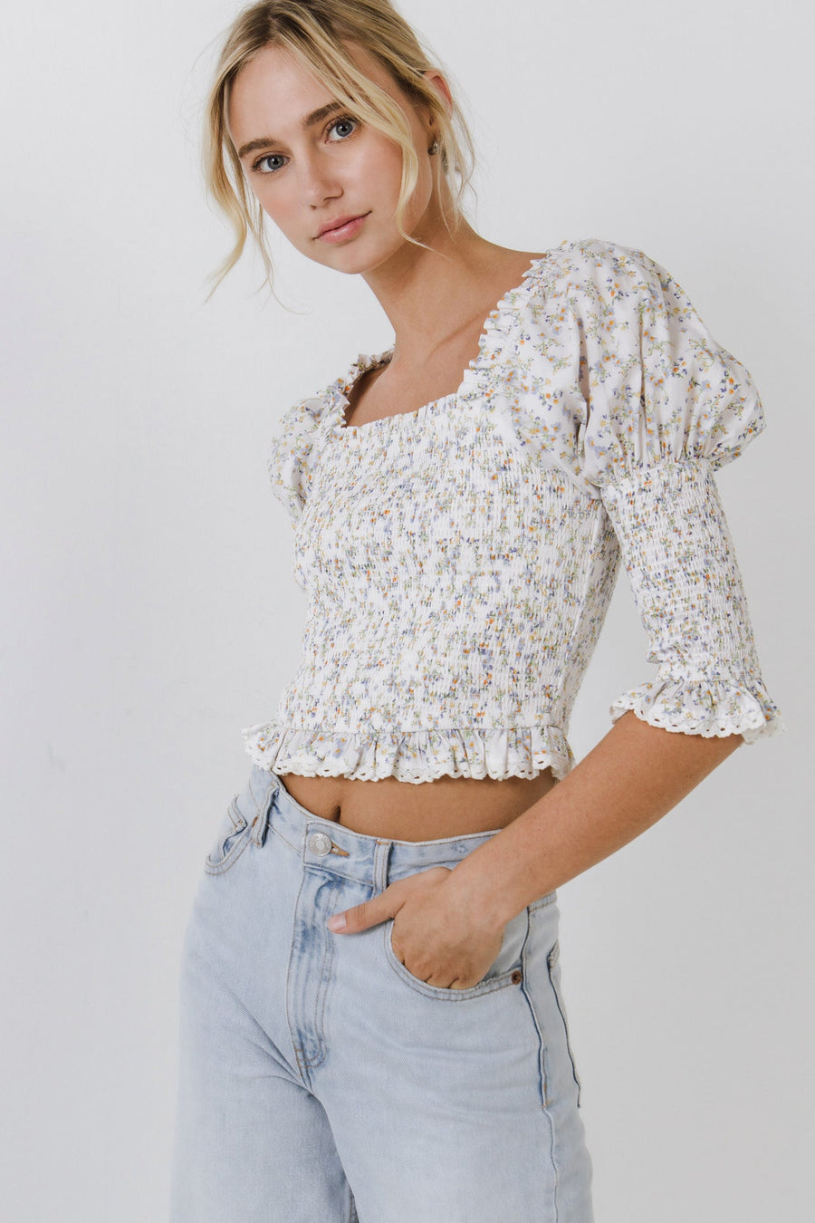 FREE THE ROSES-Smocked Sleeved Puff Sleeve Ruffled Top-TOPS available at Objectrare