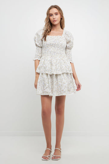FREE THE ROSES-Lace Trim Floral Print Smocked Sleeve Mini Dress-DRESSES available at Objectrare