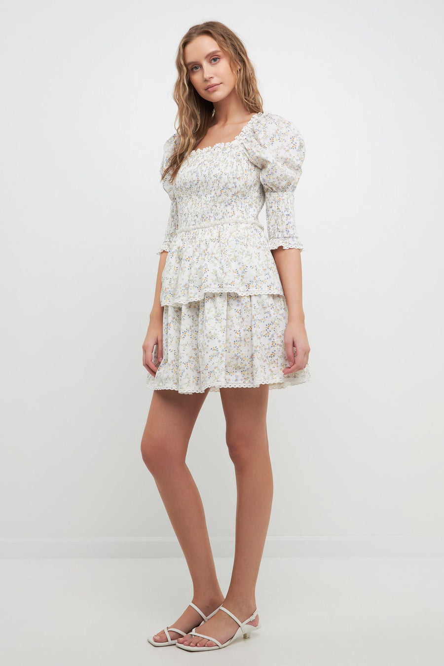 FREE THE ROSES-Lace Trim Floral Print Smocked Sleeve Mini Dress-DRESSES available at Objectrare