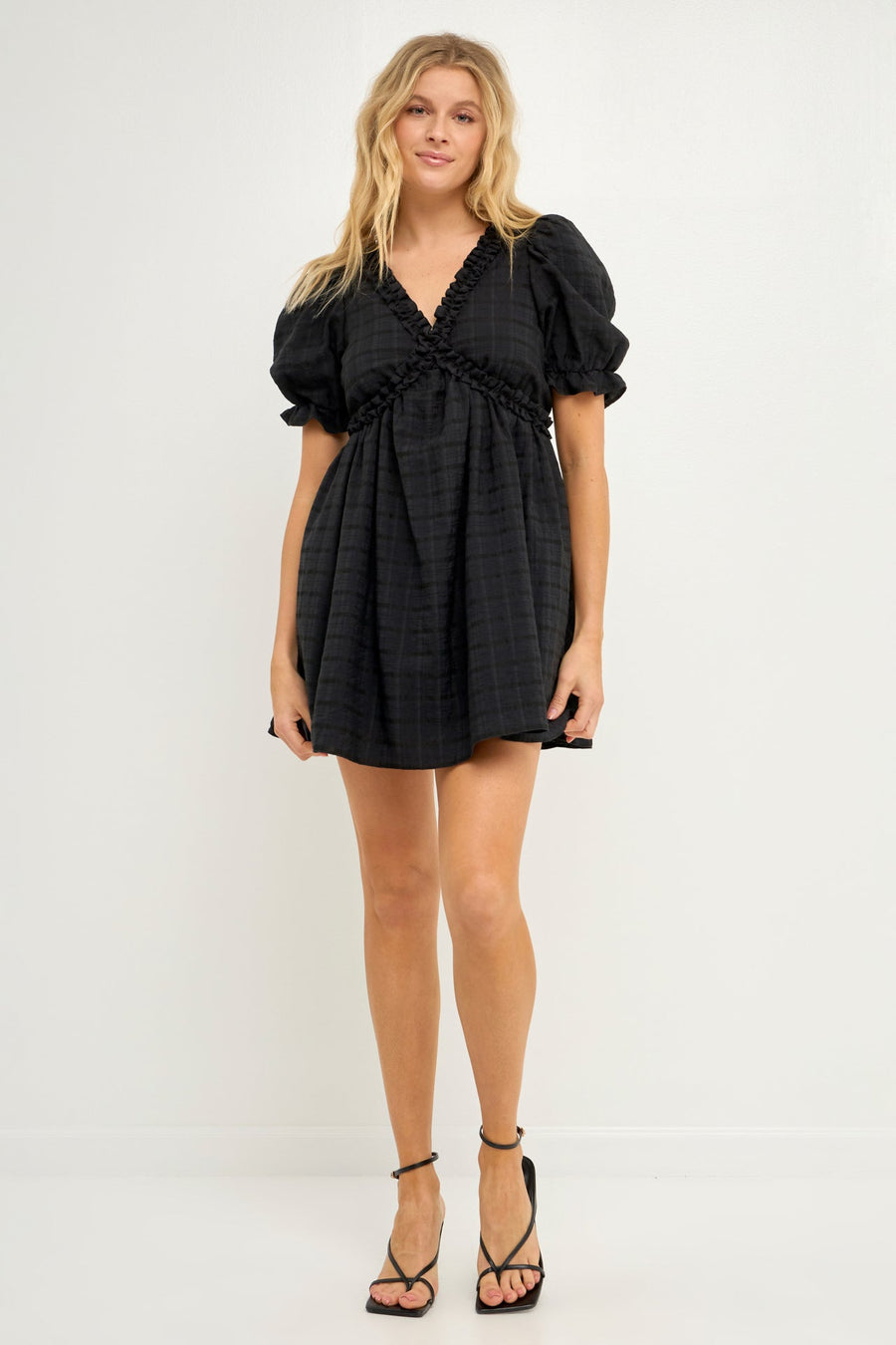 FREE THE ROSES-Double Ruffled Band Mini Puff Sleeve Dress-DRESSES available at Objectrare