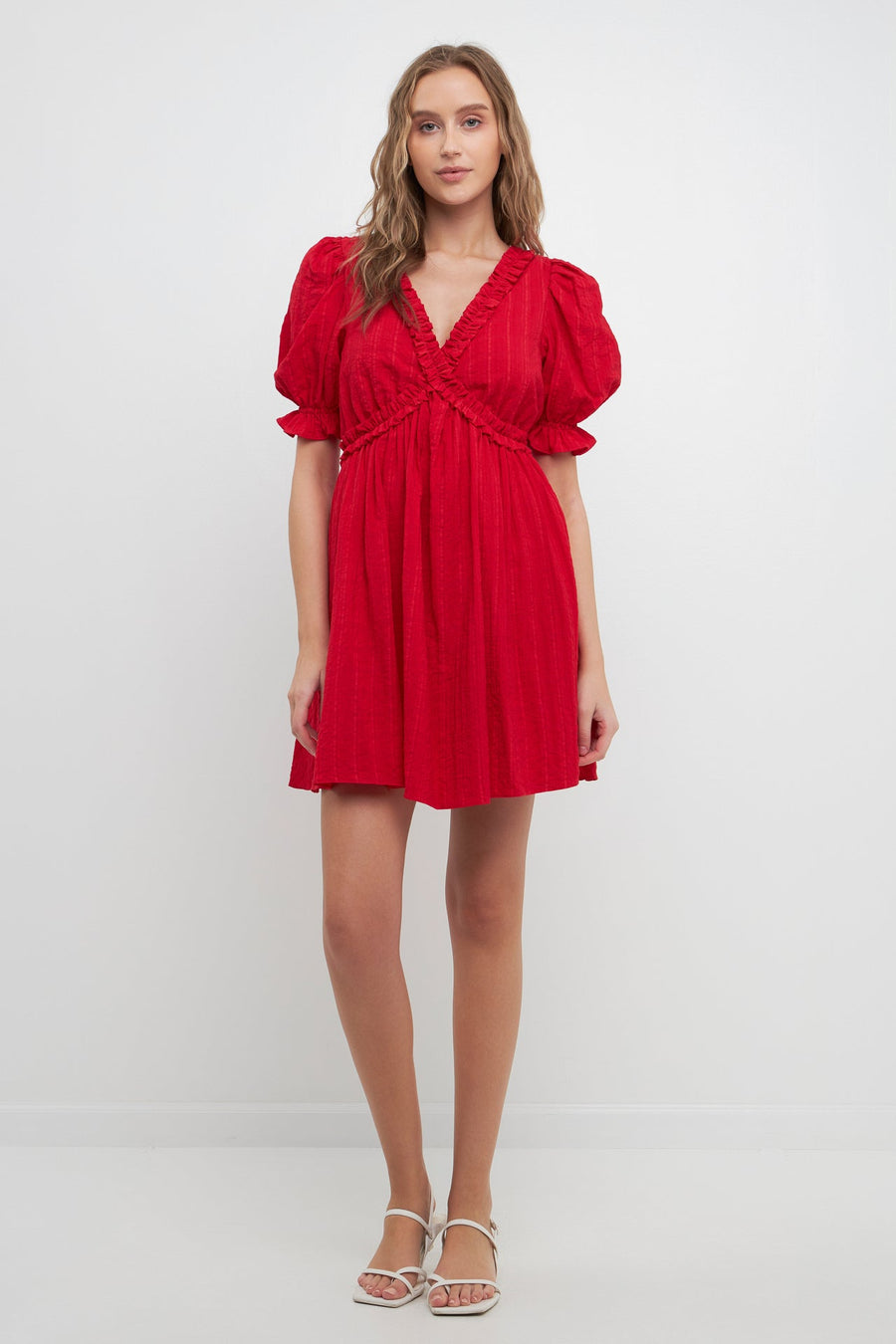 FREE THE ROSES-Double Ruffled Band Mini Puff Sleeve Dress-DRESSES available at Objectrare