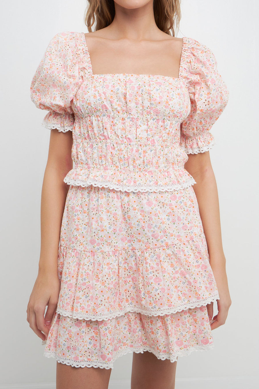 FREE THE ROSES-Floral Eyelet Smocked Cropped Top-TOPS available at Objectrare
