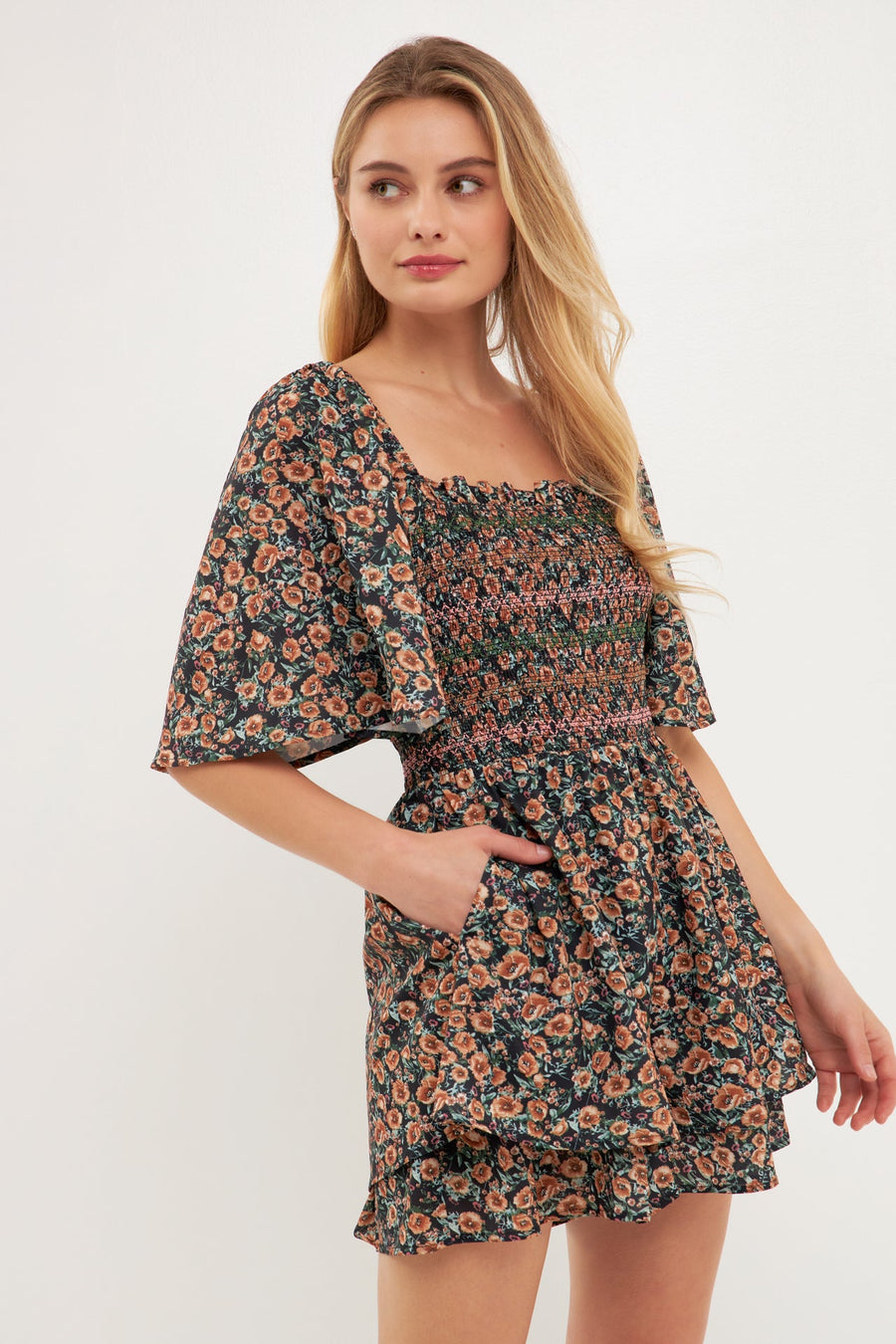 FREE THE ROSES-Smocked Detail Romper-ROMPERS available at Objectrare