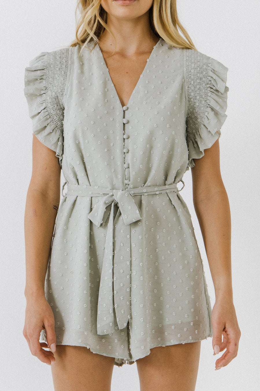 FREE THE ROSES-Swiss Dot Ruffle Detail Romper-ROMPERS available at Objectrare