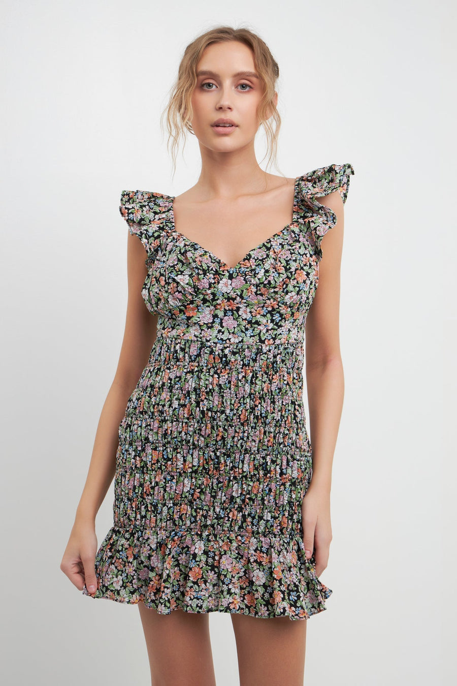 FREE THE ROSES-Floral Smocked Mini Dress-DRESSES available at Objectrare